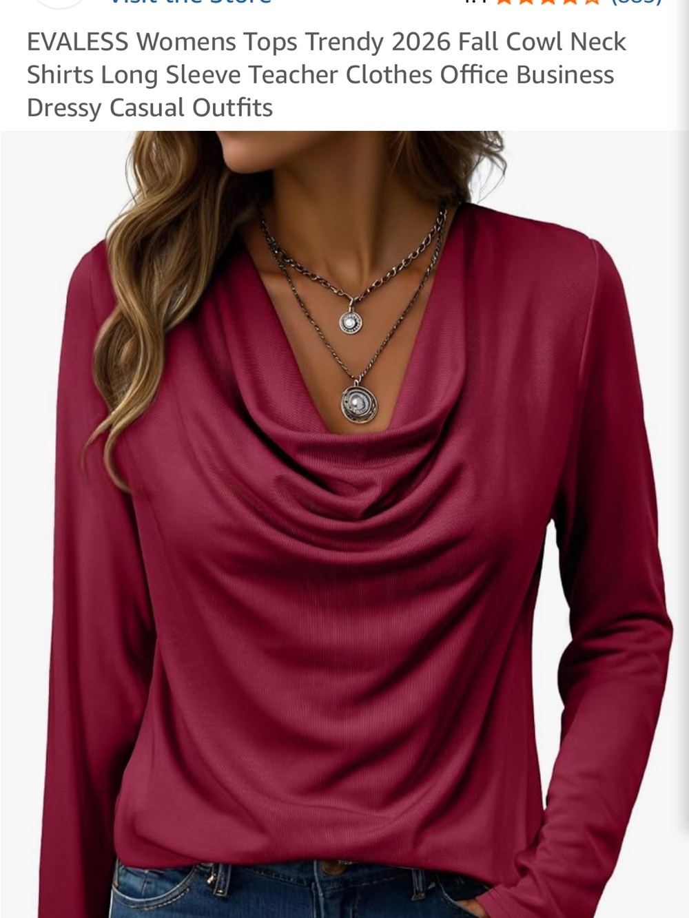 EVALESS Women's Draped Cowl Neck Long Sleeve Blouse - Burgundy